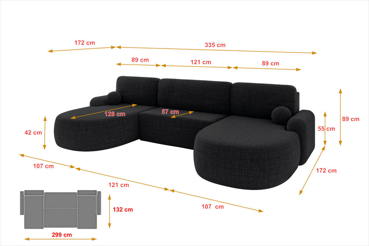 WOHNLANDSCHAFT mit Schlaffunktion und Bettkasten LIRA-U - 335x172x89 Schwarz - Schwarz, Holzwerkstoff/Textil (335/89/172cm) - ALTDECOR