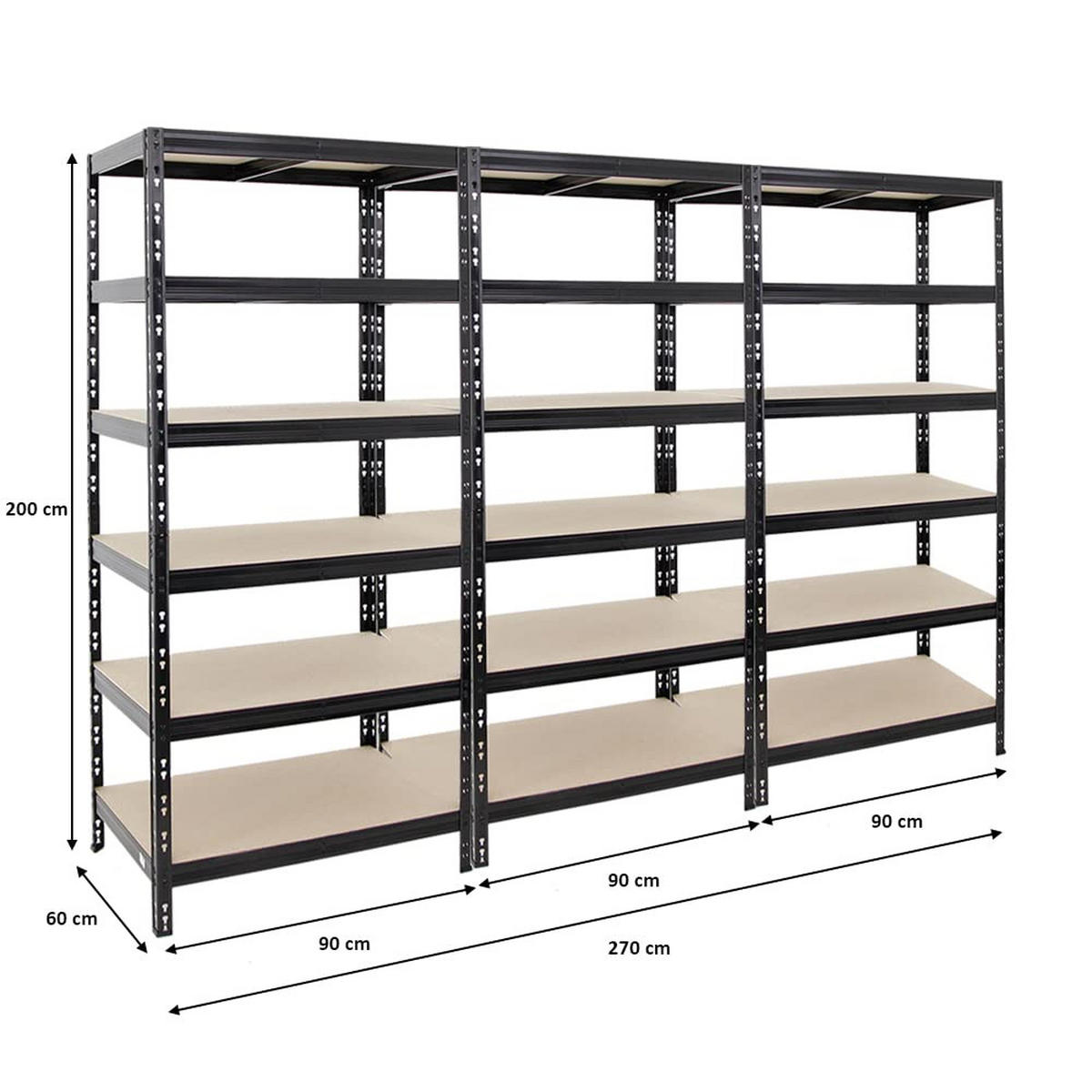 SCHWERLASTREGAL Giant Tiger 3er-Set mit 3x 200x90x60 cm Fachlast 265 kg 6-Ebenen Schwarz - Schwarz, Metall (270/200/60cm) - PROREGAL