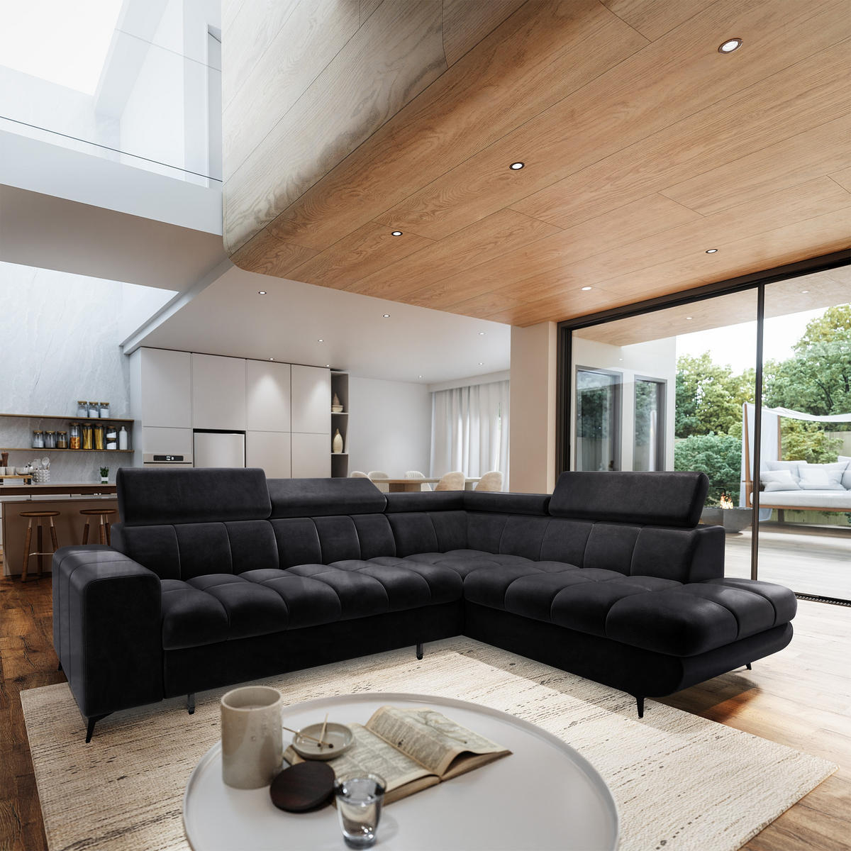 ECKSOFA MORIVA R-S Schwarz Velours-Stoff mit Schlaffunktion - Schwarz, Holz (253/190cm) - MASSENO