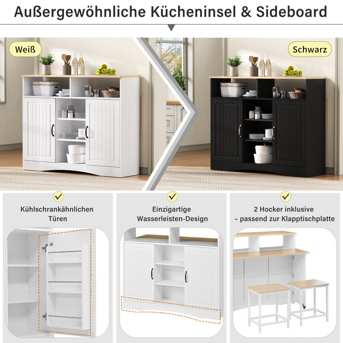 KÜCHENINSEL mit Klappplatte und 2 Hockern Weiß - Weiß, Holz (34/97.5/110cm) - Beauniv