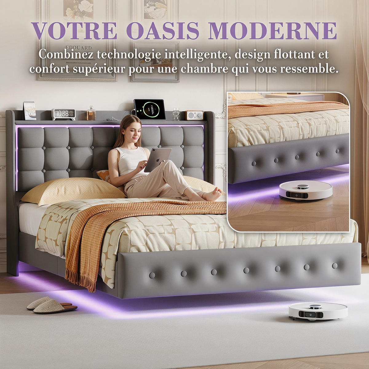 POLSTERBETT 140/200 cm Dunkelgrau mit LED und USB-Anschlüssen - Grau, Holz (140/200cm) - SHOPENTRA
