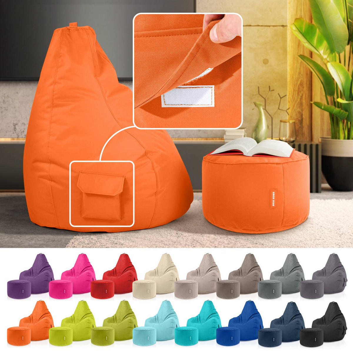 SITZSACK + Hocker "Cozy+Stay" 2er Set - Orange, Textil (70/90/80cm) - Green Bean