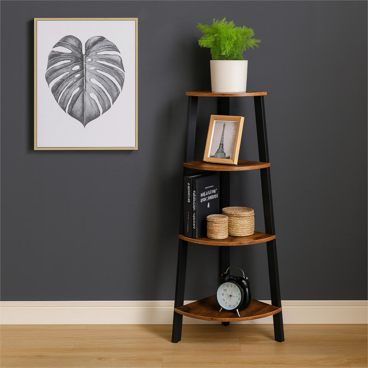 ECKREGAL Holzoptik Metall Dunkelbraun Schwarz Standregal 125x34x34 cm - Dunkelbraun/Schwarz, Holzwerkstoff/Metall (34/125/34cm) - Begryf