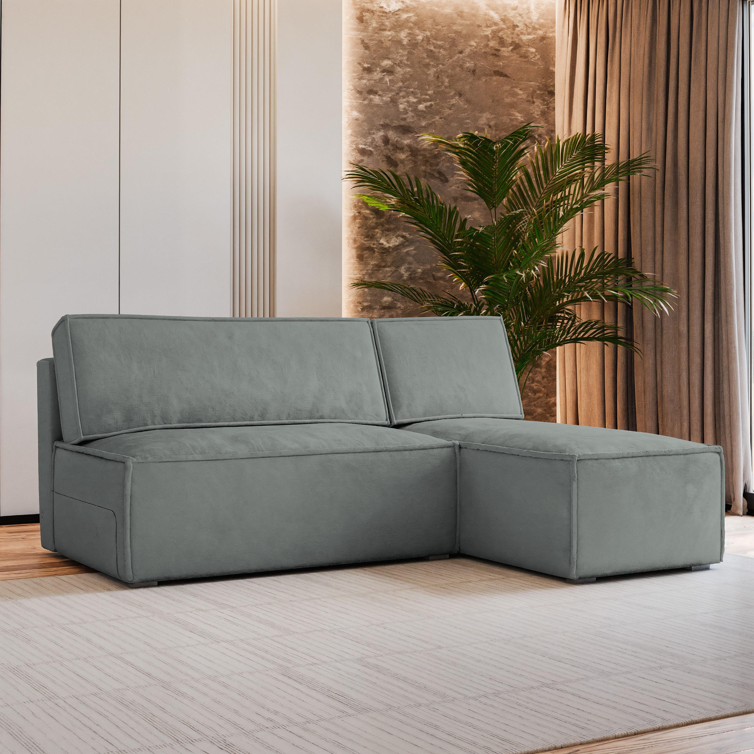 ECKSOFA BRISO M Grau Velours-Stoff mit Schlaffunktion - Grau, Holz (200/140cm) - MASSENO
