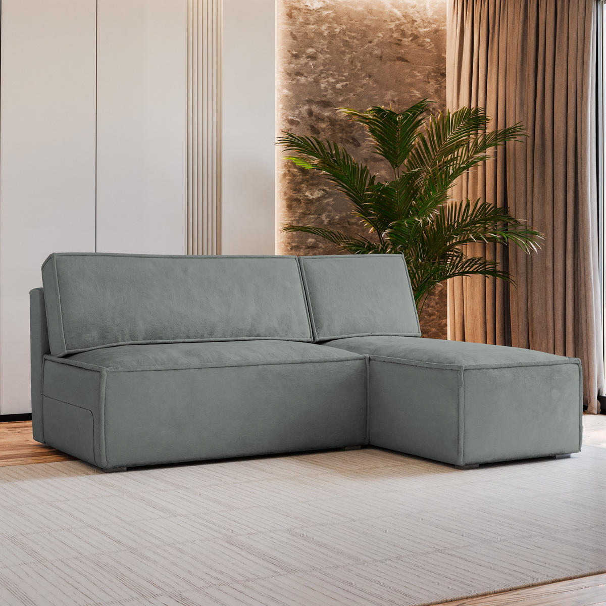 ECKSOFA BRISO M Grau Velours-Stoff mit Schlaffunktion - Grau, Holz (200/140cm) - MASSENO