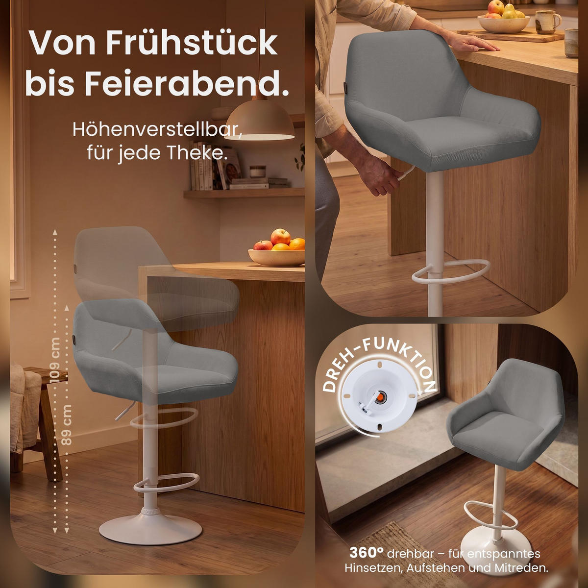 BARHOCKER 2 Stoff Grau - Weiß/Grau, Textil/Metall (51/89/52cm) - CLP