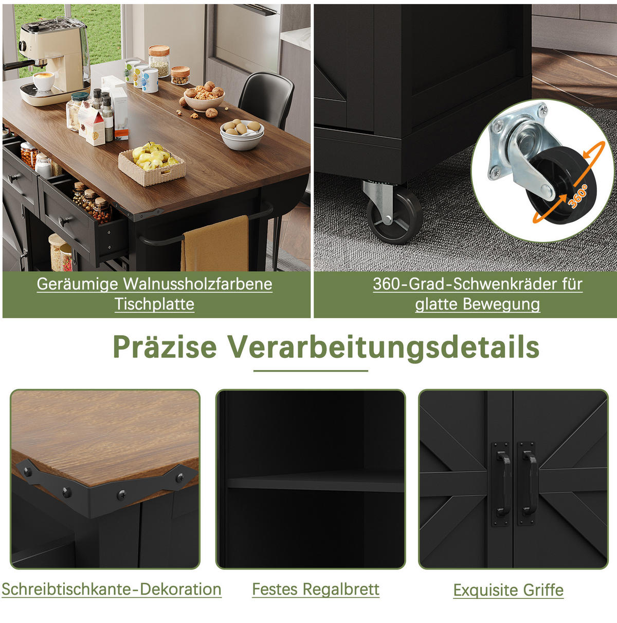 KÜCHENINSEL 140/45/94 cm Schwarz aus MDF mit klappbarer Arbeitsplatte - Schwarz, Holzwerkstoff (45/94/140cm) - OKMYHOME