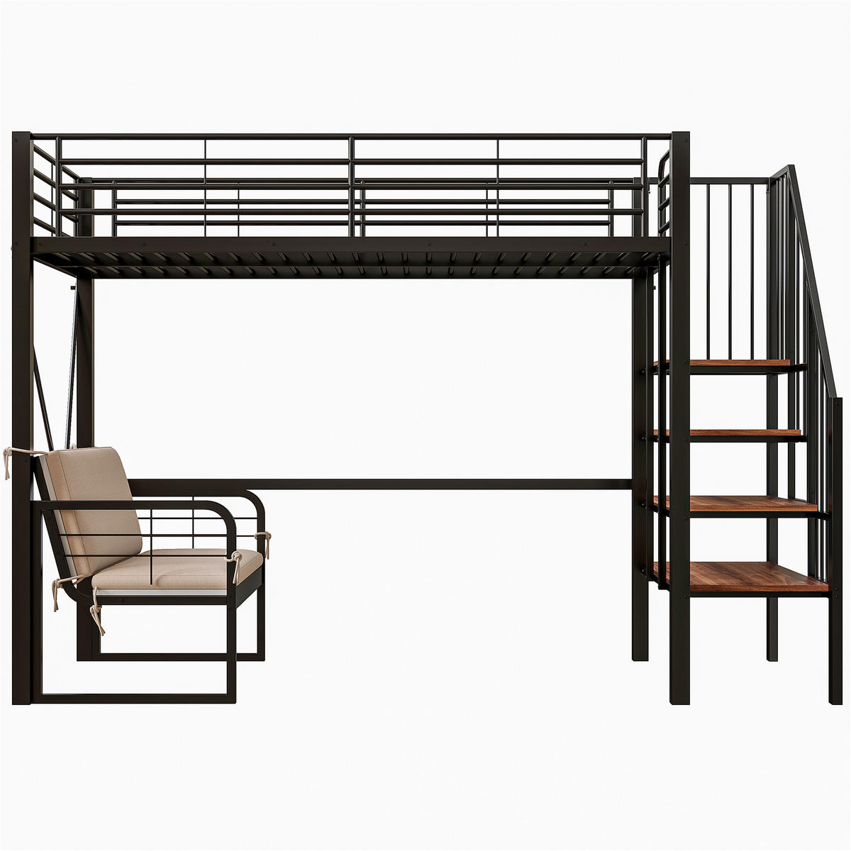 HOCHBETT 90/200 cm DE-01525, in Schwarz, mit Polstersofa, Stauraum und Sicherheitstreppe - Schwarz, Metall (90/200cm) - ComfortXL