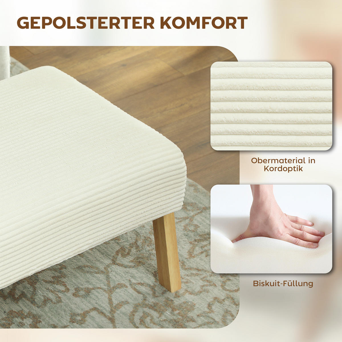 SITZHOCKER Hocker mit weichem Sitzkissen Holzbeinen Fußhocker mit Cordoptik - Creme/Naturfarben, Holz/Textil (46/40/70cm) - HOMCOM