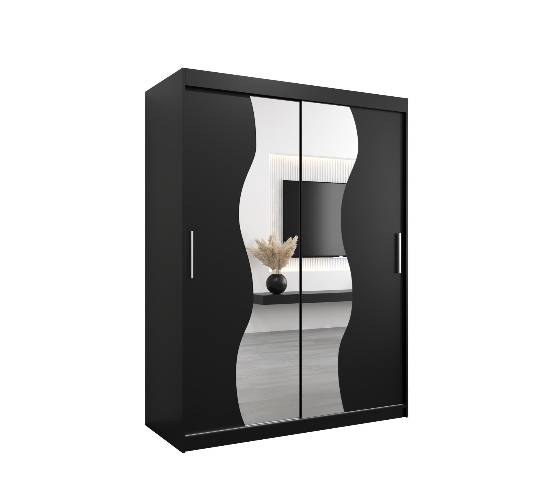 Möbel Kryspol Schwebetürenschrank Schwarz, Schwarz 150x200x62 cm