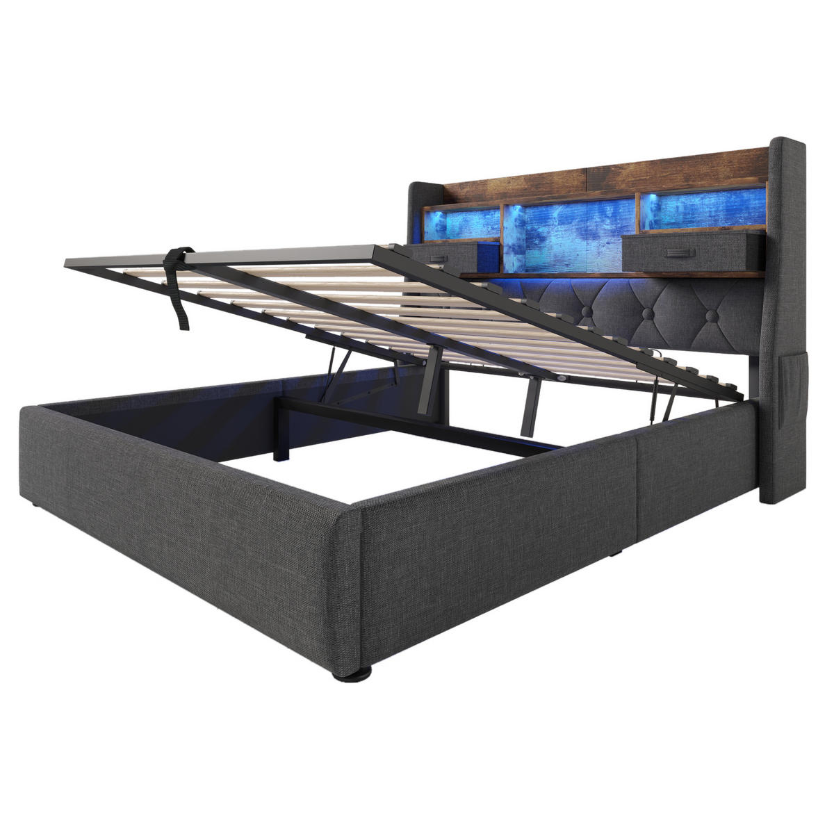 POLSTERBETT 160/200 cm Grauer Leinenstoff mit Hydraulischem Stauraum und LED-Beleuchtung - Grau, Textil (160/200cm) - OKWISH