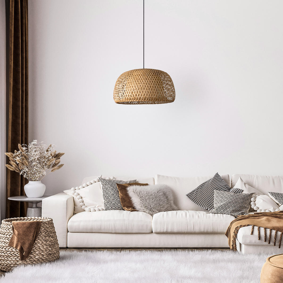 PENDELLEUCHTE Pesa L - Beige/Schwarz, Holz (45/45/23cm) - Paco Home