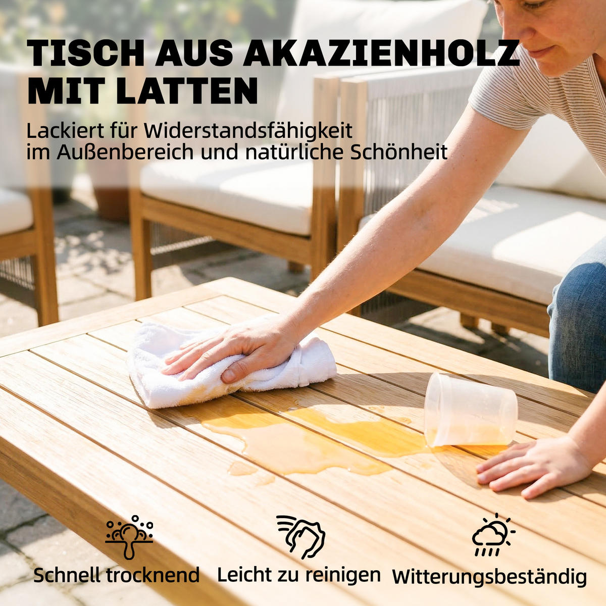 BALKONMÖBEL-SET 4er Set Akazienholz Polyester Beige - Beige/Akaziefarben, Holz/Textil - Outsunny