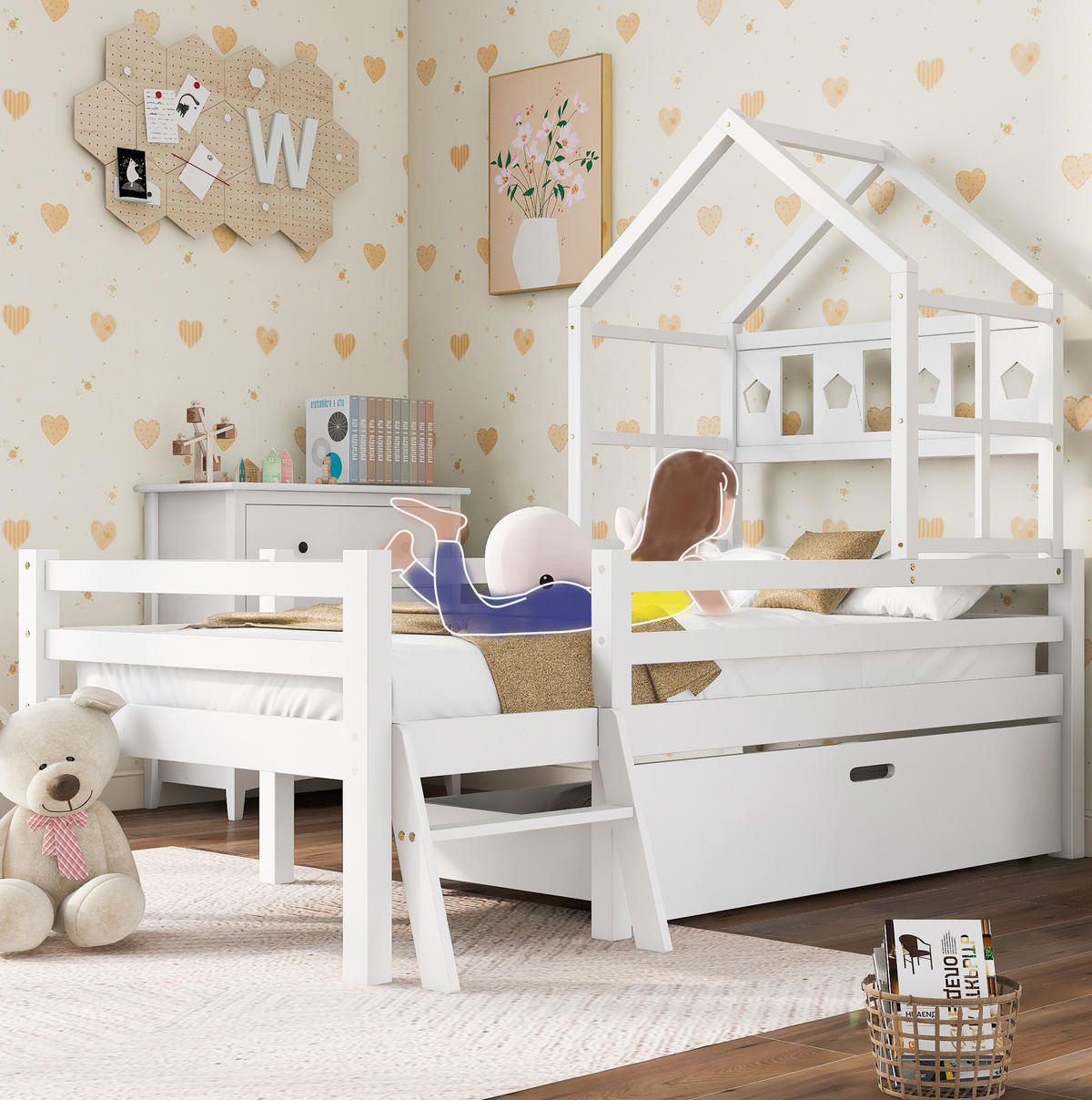 KINDEREINZELBETTEN aus Massivholz 90x200 cm in Weiß mit Leiter, Schublade & Rausfallschutz - Weiß, Holz (90/200cm) - Modfu