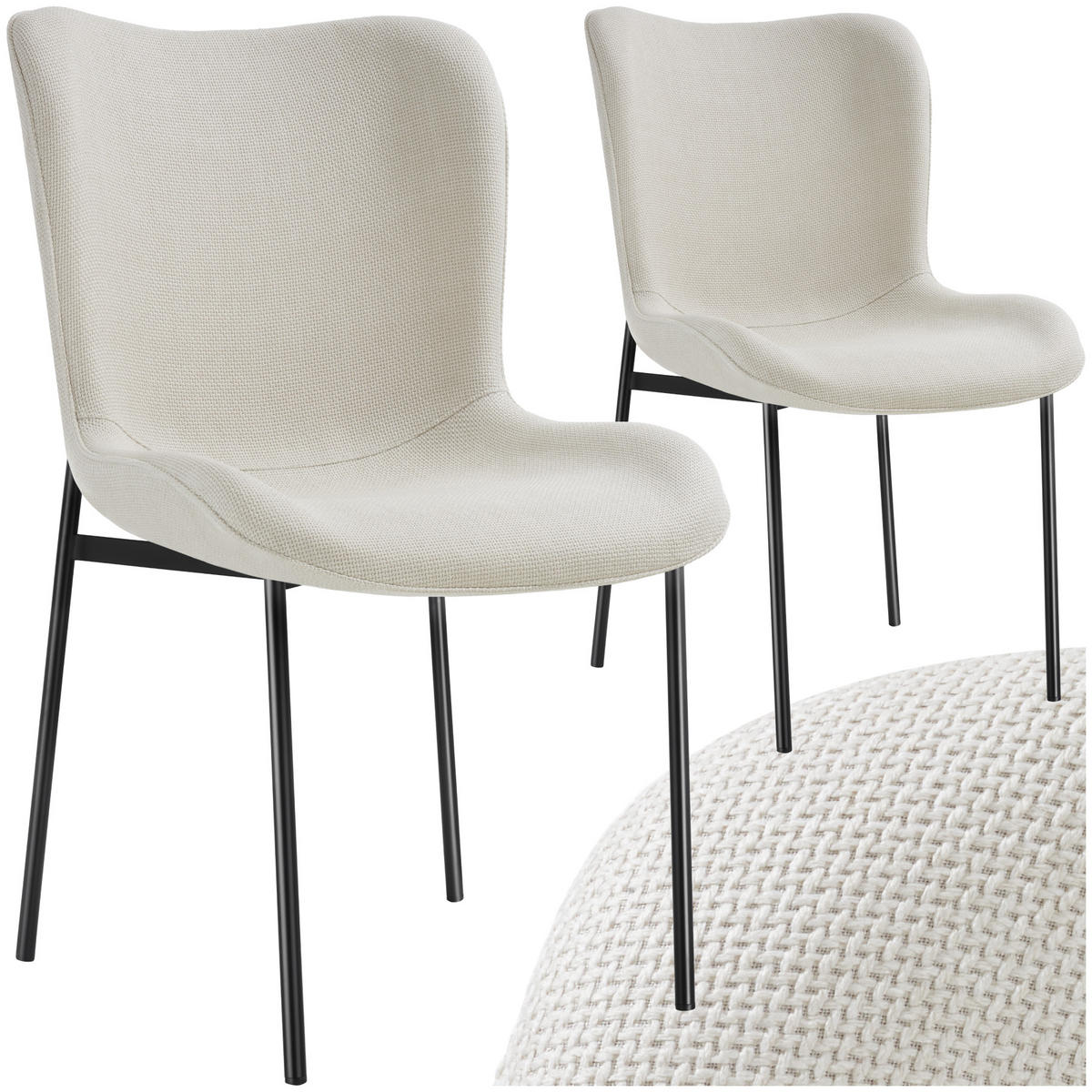 POLSTERSTUHL 2er Set Tessa 54 x 62 x 90 cm Webstoff off-white/schwarz - Schwarz/Weiß, Textil (54/90/62cm) - tectake
