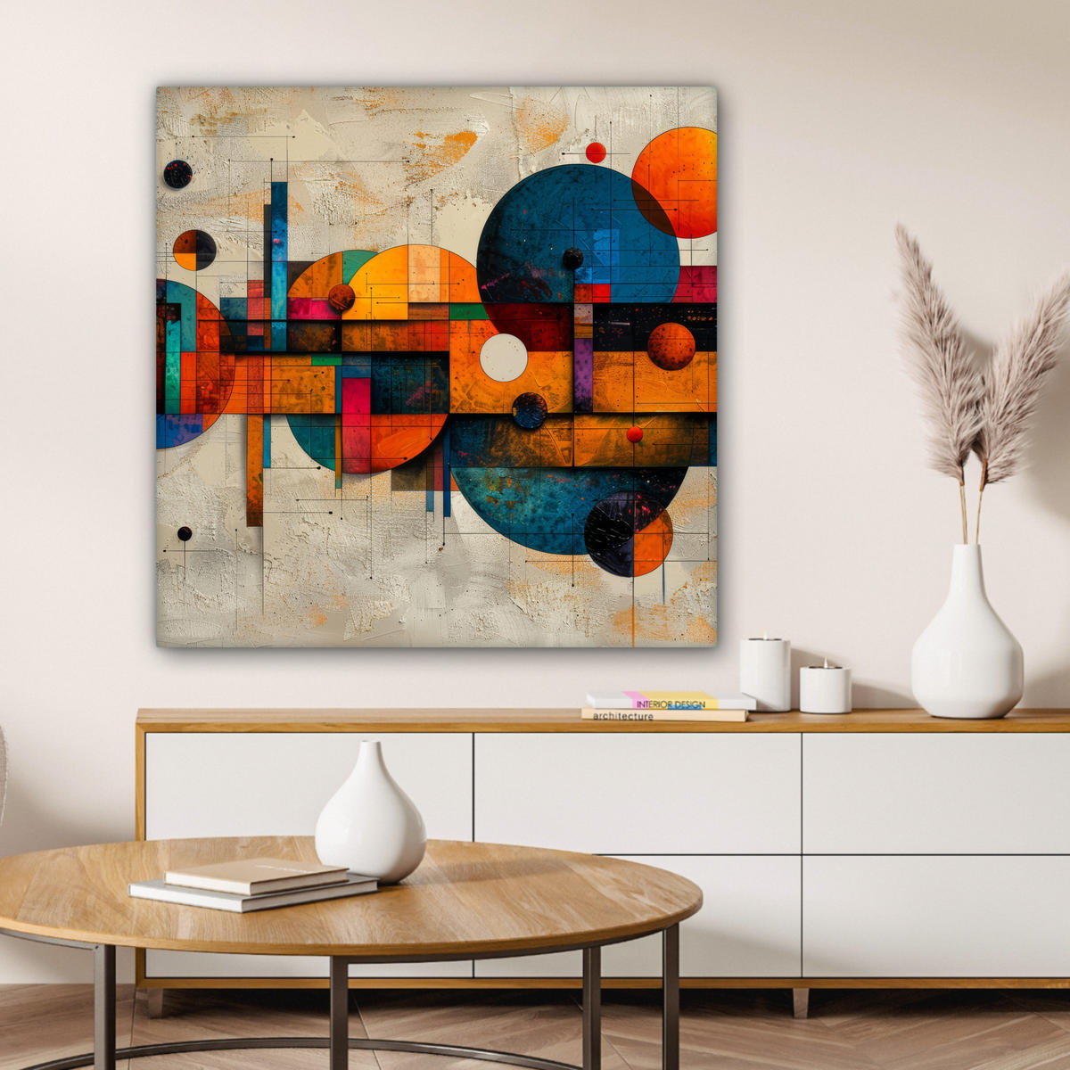 LEINWANDBILD - Vintage - Moderne Kunst - Orange - Geometrische Formen - 90x90 - Gemälde - Multicolor, Textil (90/90cm) - MuchoWow