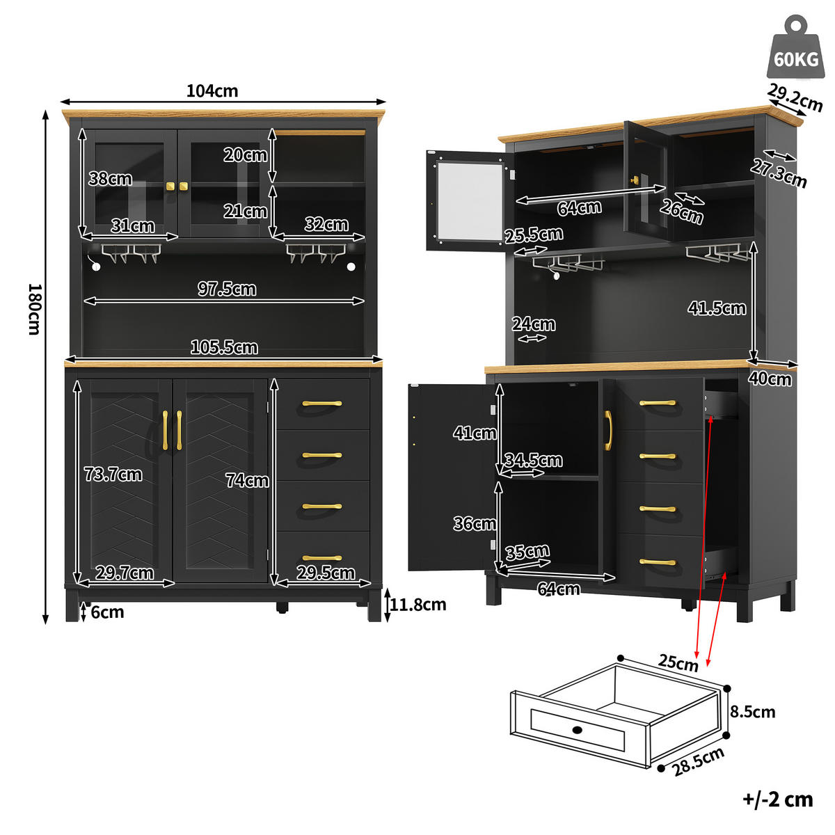 GESCHIRRSCHRANK aus MDF 105.5x40x180cm in Schwarz mit LED-Lichtleiste - Schwarz, Holzwerkstoff (105.5/180/40cm) - Modfu