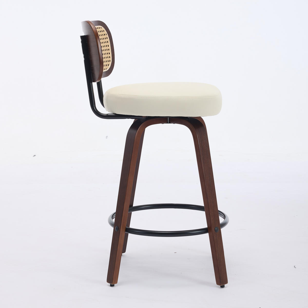 BARHOCKER SET 2 STK. 90 cm Walnuss & Beige Drehbare Rattan Barstühle mit Polstersitz - Beige, Leder (56/90/43cm) - Urban Meuble