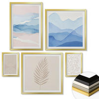 WANDBILDER 5er Set - 50x50 cm & 20x30 cm & 40x60 cm Goldrahmen - Blätterwellen beige blau - Goldfarben, Kunststoff (40/60cm) - ArtPrintCave