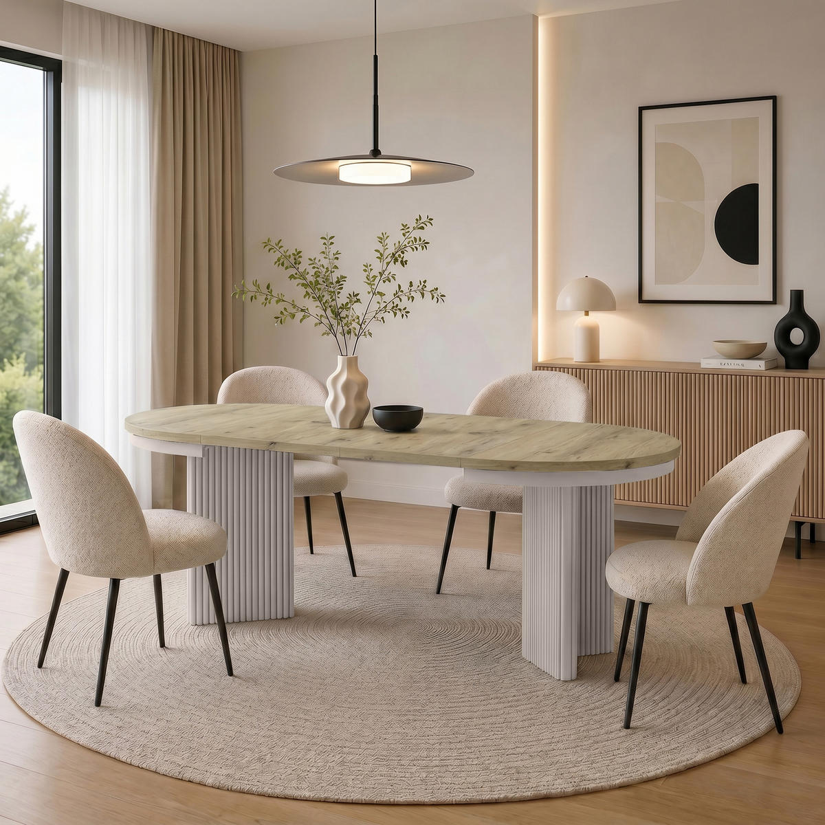 JÍDELNÍ STŮL Prestige, kulatý designový stůl, rozkládací Ø 100–180 cm, dub Artisan + kašmír - kašmírová/barva dubu, kov (100/100/77cm) - Beautysofa