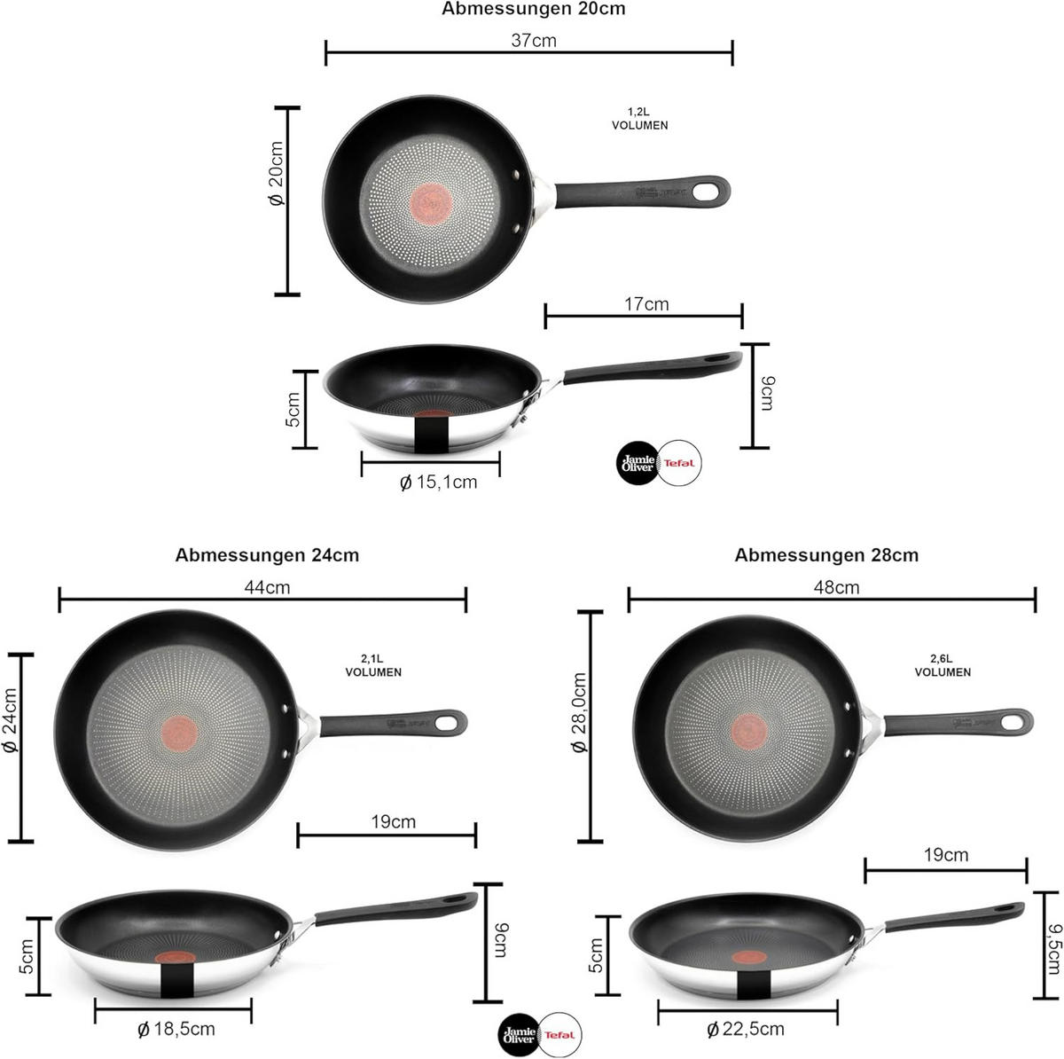PFANNENSET E30, 20cm 24cm 28cm Bratpfannen, Edelstahl Induktion, Antihaftbeschichtung, Thermo Signal, Backofenfest 175°C, Hitzebeständig 260°C - Silberfarben, Metall - Tefal