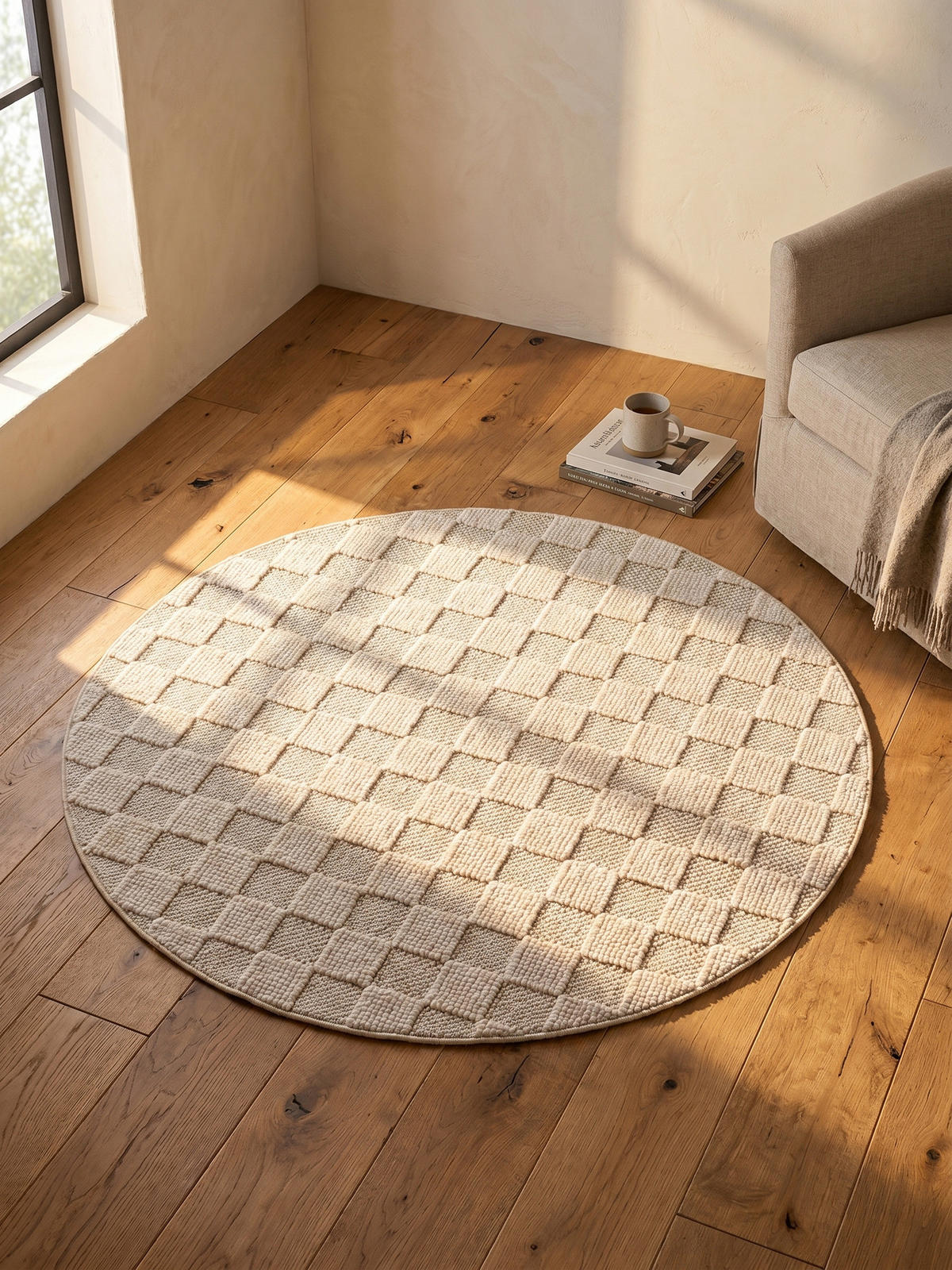 TEPPICH Flachgewebe LANGAU in Creme, mit Schachbrettmuster, Ø 80 cm - Creme, Textil (80/80cm) - KADIMA DESIGN