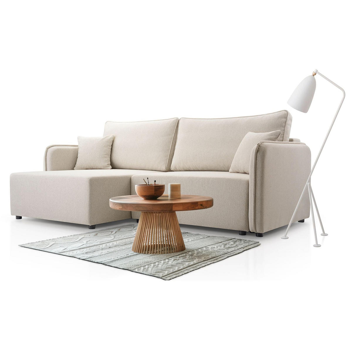 ECKSOFA Kassian, Hellbeige Strukturstoff, linksseitig - Ecru/Schwarz, Kunststoff/Textil (227/147cm) - Selsey