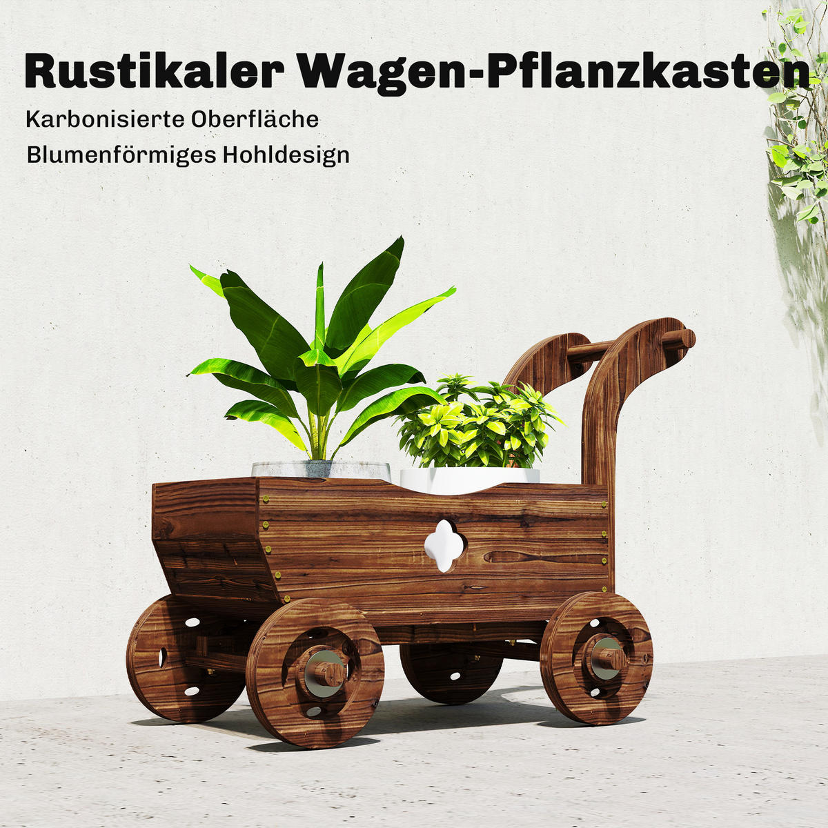 HOCHBEET Holz, Pflanzbeet in Wagenform Frühbeet mit 4 Rädern Griff Gartenbeet - Braun, Holz (38/52/68cm) - Outsunny