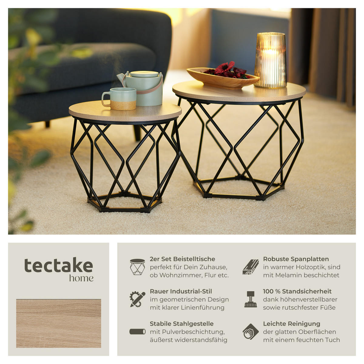COUCHTISCH 2er Set Benham, mit höhenverstellbaren Kunststofffüßen, Industrial Holz hell, Eiche Sonoma - Naturfarben, Holzwerkstoff (50/50/40cm) - tectake