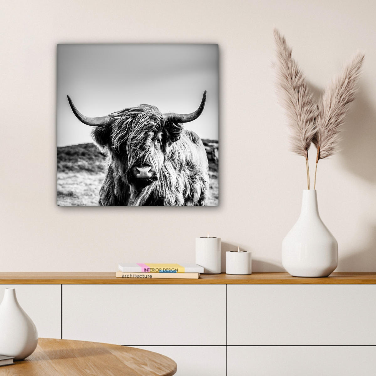 OBRAZ NA PLÁTNĚ Kráva - Skotský horal - Černá - Bílá - Zvíře - Příroda - Divoká zvěř 50x50 cm - černá, textil (50/50cm) - MuchoWow