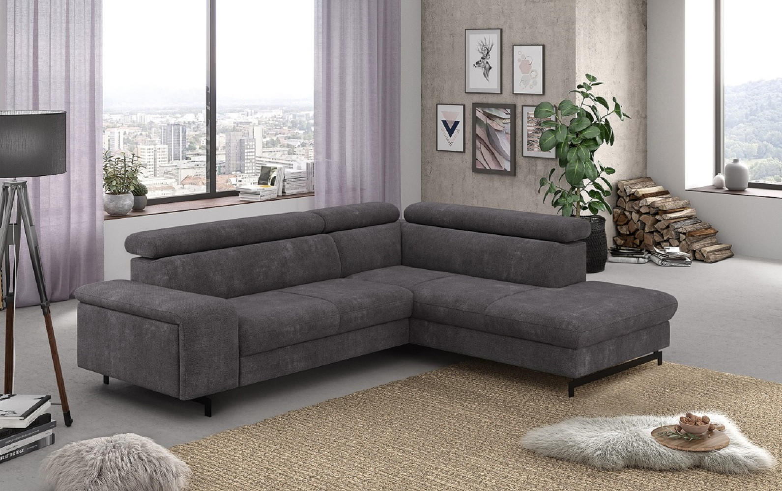 Thumbnail - Cotta Ecksofa, Graphit, Textil, Echtholz,Fichte, 4-Sitzer, Ottomane rechts,L-Form, 262x215 cm, Wohnzimmer, Sofas & Couch...