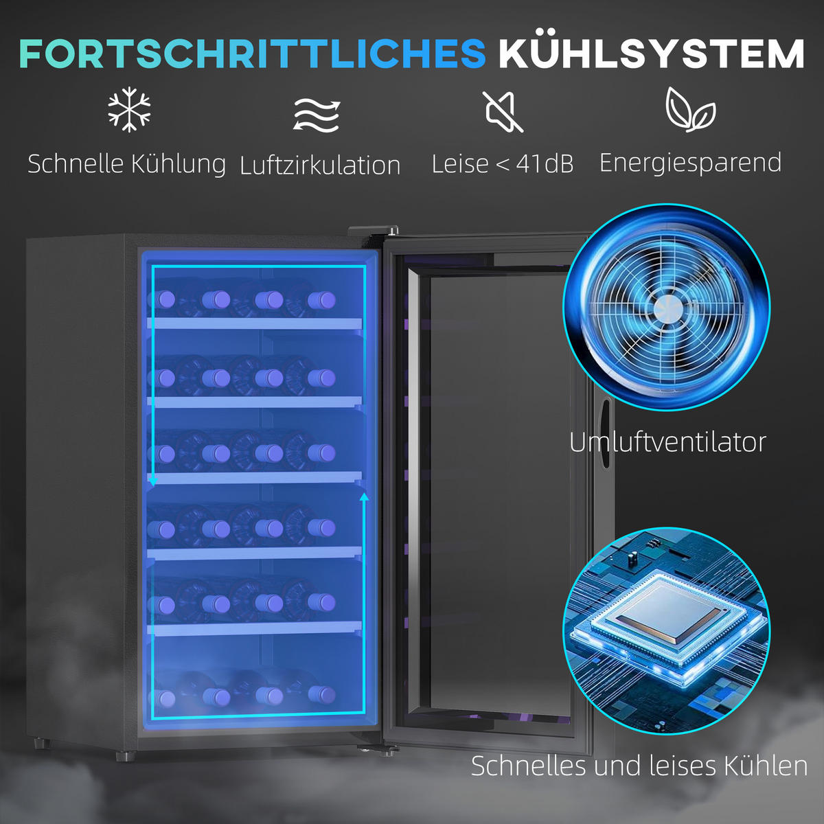 WEINKÜHLSCHRANK für 41 Weinflaschen, 91 Liter Kapazität, LED-Anzeige, Schwarz - Schwarz, Metall (45.1/79.8/53.8cm) - HOMCOM