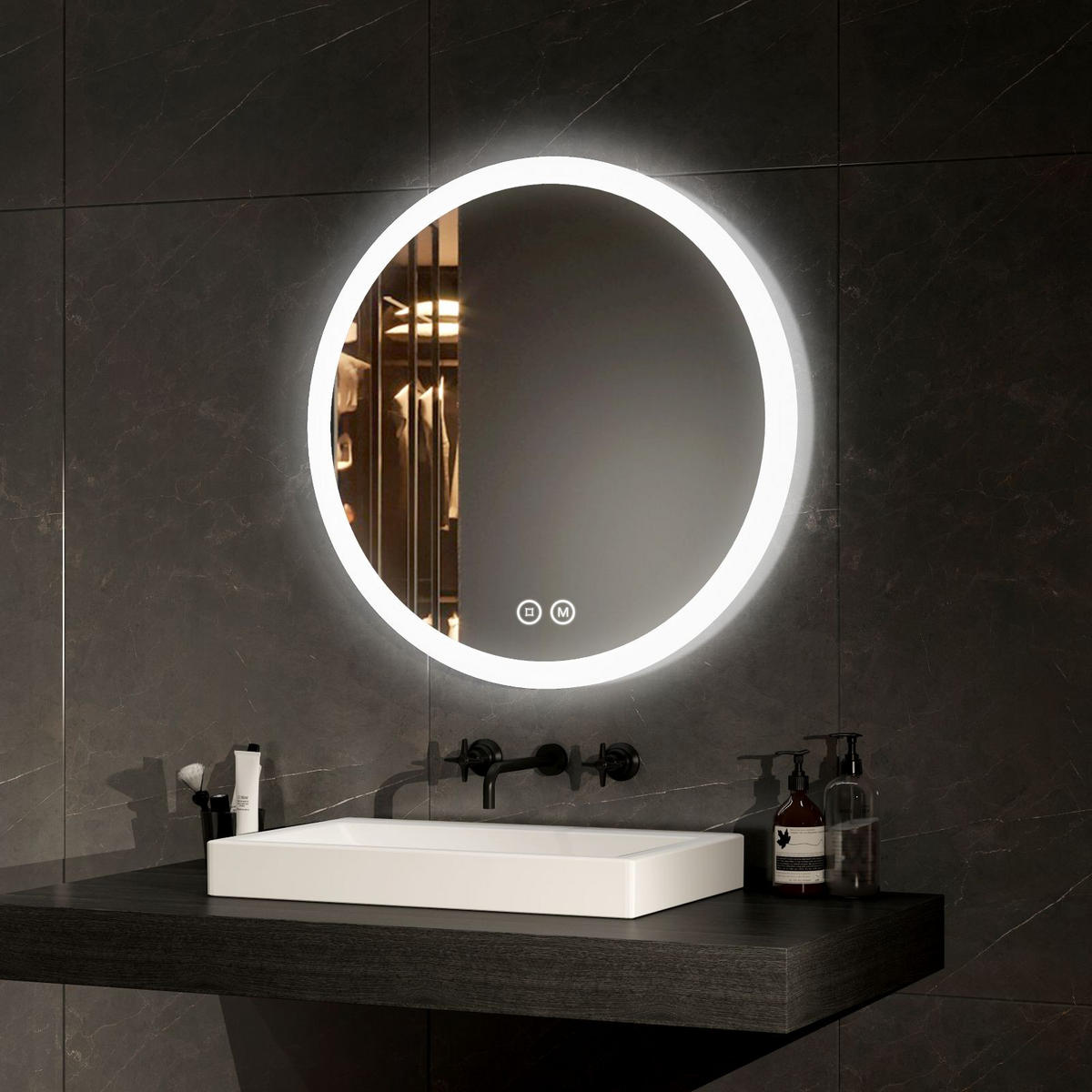 BADSPIEGEL mit Beleuchtung 3 Lichtfarben einstellbar beschlagfrei ф60 cm - Weiß, Glas (60/3.5/60cm) - EMKE