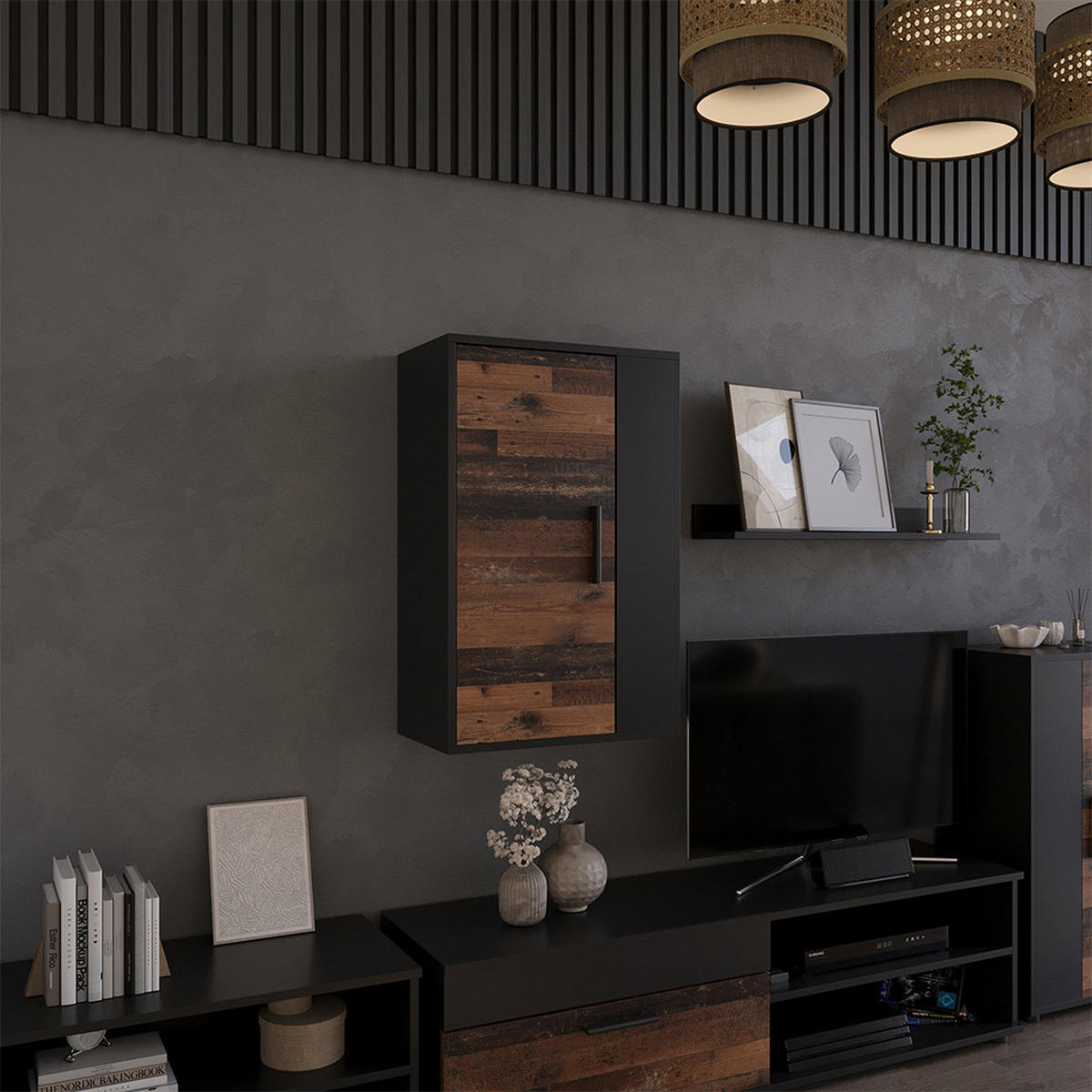 NÁSTĚNNÁ POLICE Berno Černá/starý styl - černá/hnědá, kompozitní dřevo (50.1/78.4/28.3cm) - Vicco