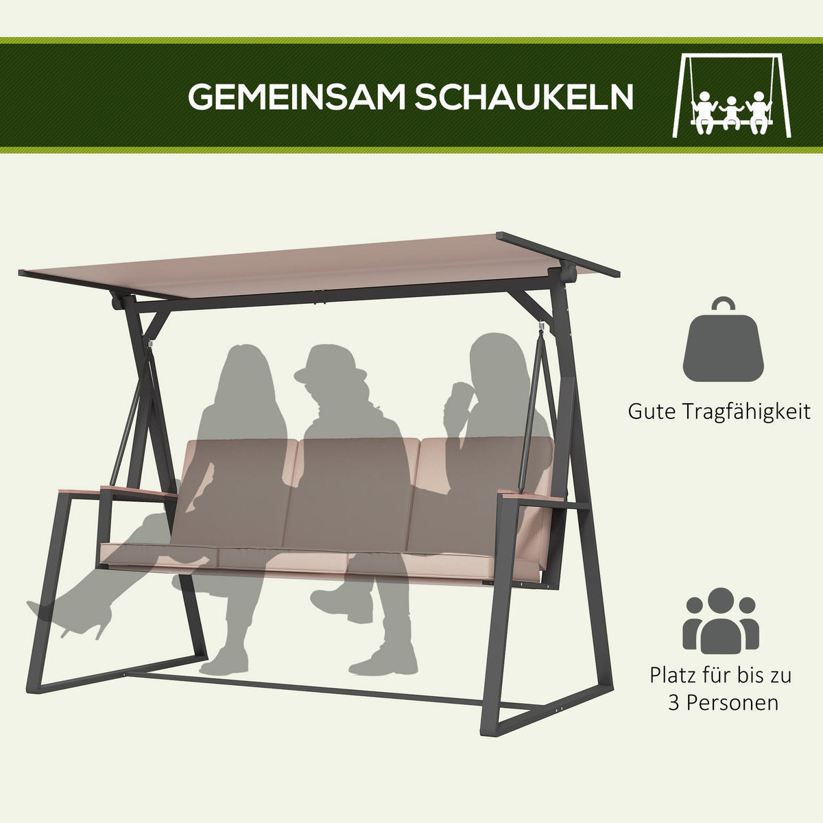 HOLLYWOODSCHAUKEL mit Verstellbarem Dach, Khaki, 205 x 130 x 175 cm - Braun, Metall (130/175/205cm) - Outsunny