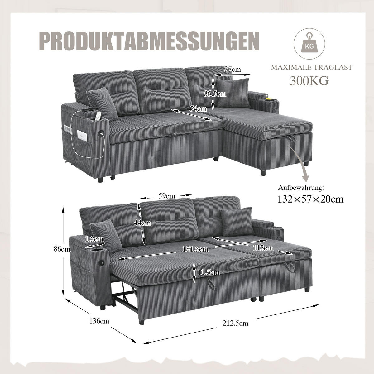 SOFA 212,5/136/86 cm aus Cord mit Stauraum und USB-C - Anthrazit, Textil (136/86/212.5cm) - Flora Grace