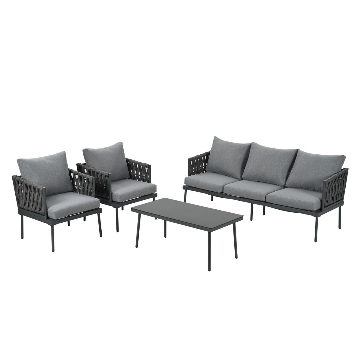 GARTENLOUNGE-SET Gartenmöbel-Set mit Sofa, 2 Sessel und Couchtisch aus Glastischplatte - Schwarz/Grau, Textil/Metall - STILVORA