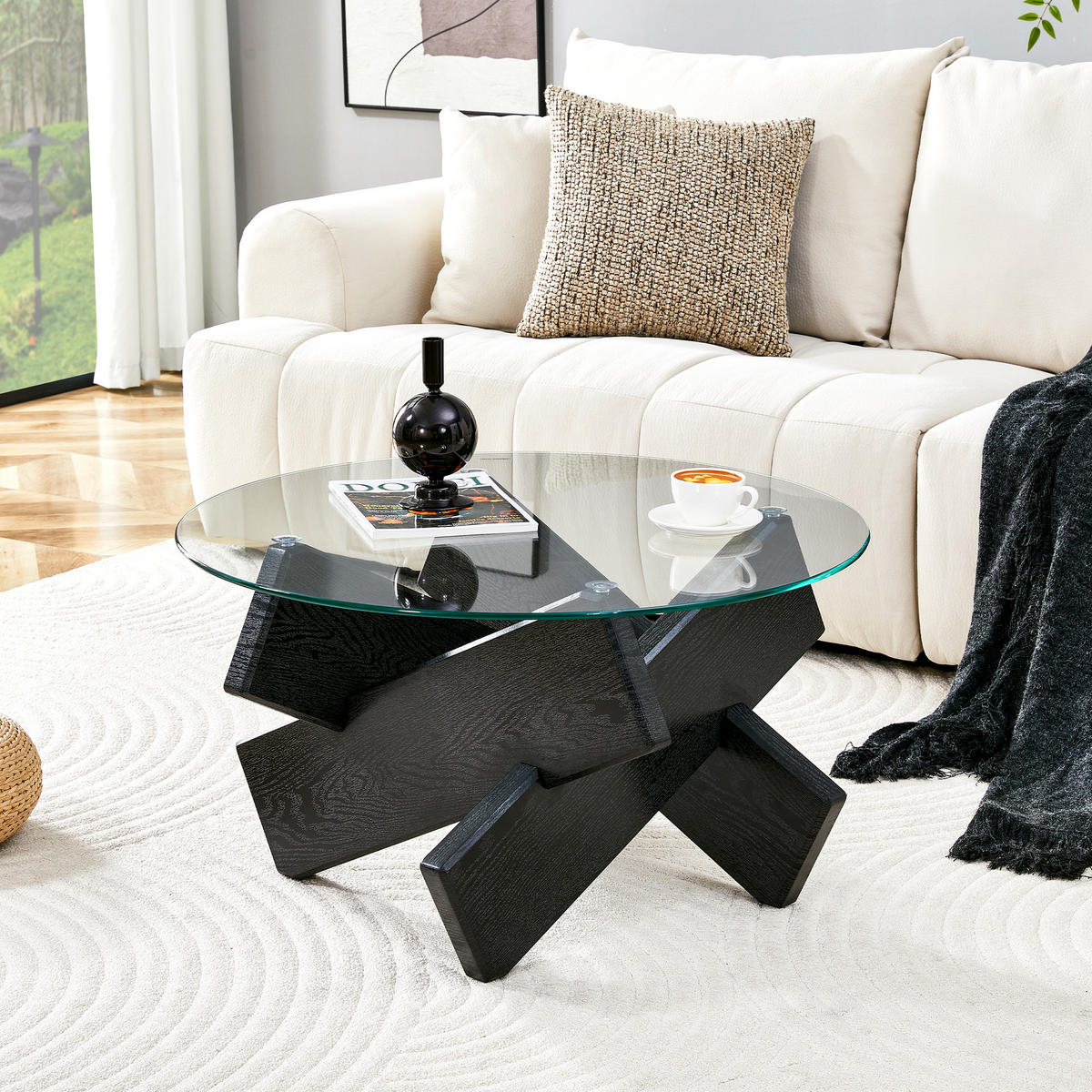 COUCHTISCH 79 cm rund Black und Transparent aus MDF und Glas mit Kreuz-Stütze - Schwarz, Holzwerkstoff (79/79/45cm) - OKWISH