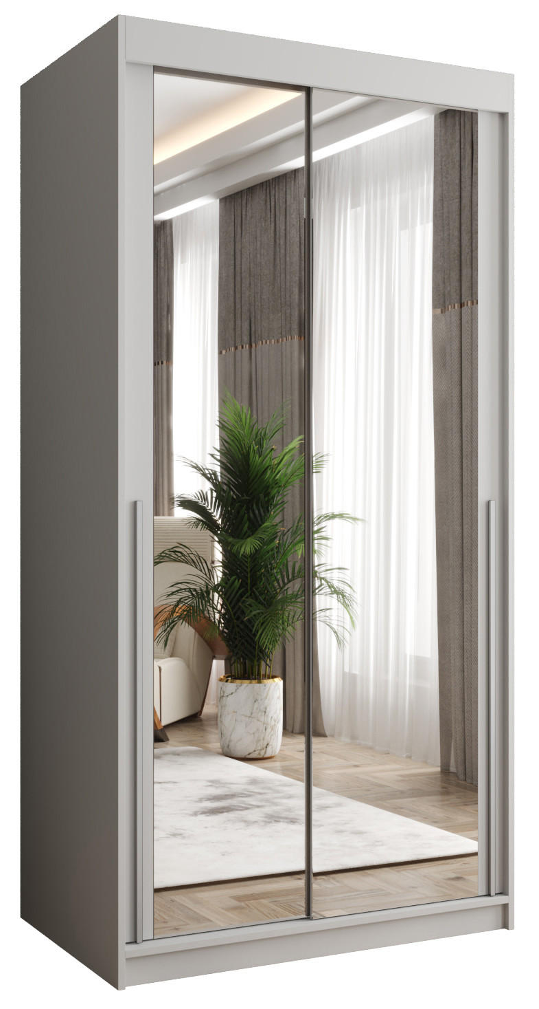 SCHIEBETÜRENSCHRANK mit Spiegel 100 cm Breite, Weiß mit silbernem Griff - Silberfarben/Weiß, Holzwerkstoff (100/200/62cm) - Home Collective