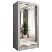 SCHWEBETÜRENSCHRANK mit Spiegel 100 cm Breite, Weiß mit silbernem Griff - Silberfarben/Weiß, Holzwerkstoff (100/200/62cm) - Home Collective