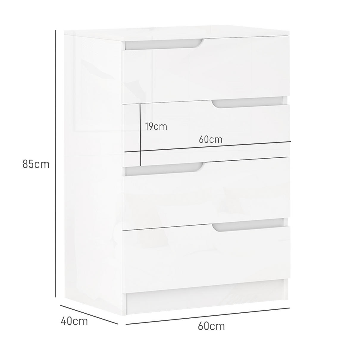 KOMMODE Beistellschrank mit 4 Schubladen, Hochglanzweiß 60 x 40 x 85cm - Weiß, Holzwerkstoff (60/85/40cm) - HOMCOM
