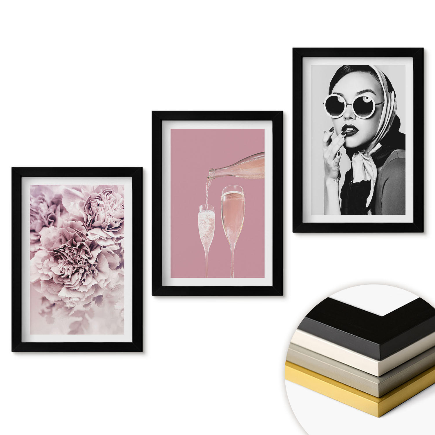 WANDBILDER 3er-Set - 20x30 cm Schwarzer Rahmen - Rosenblüten und eine elegante Dame - Schwarz, Kunststoff (20/30cm) - ArtPrintCave