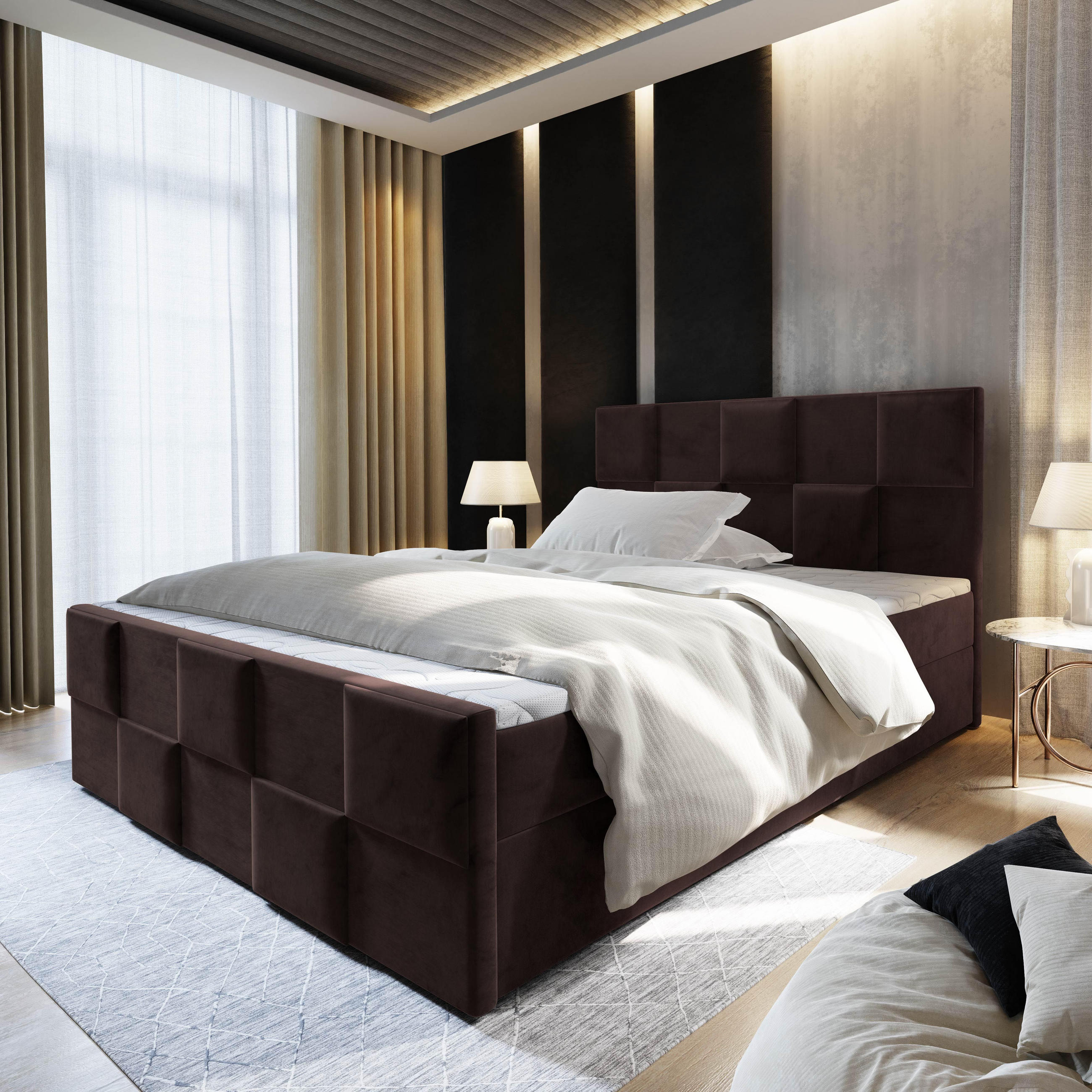 BOXBETT MONA 180x200 cm mit Matratze und Topper - Braun - Braun, Holz (180/200cm) - MASSENO