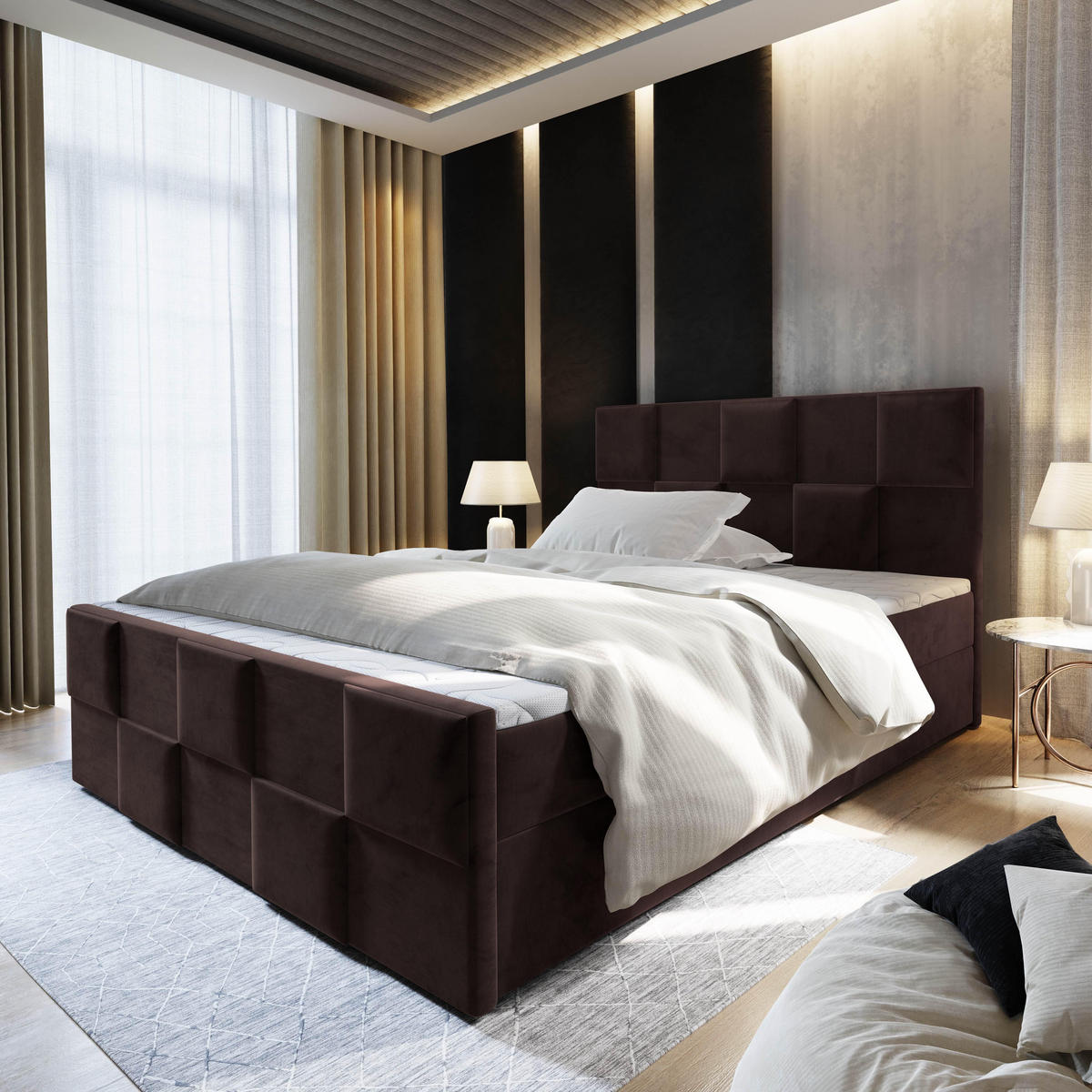 BOXBETT MONA 160x200 cm mit Matratze und Topper - Braun - Braun, Holz (160/200cm) - MASSENO