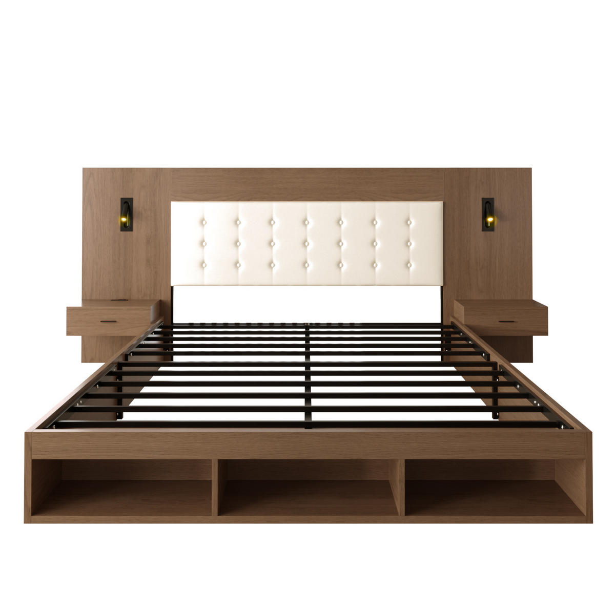 DVOJLÔŽKOVÁ posteľ z MDF 180x200 cm orechová s USB a Type-C nabíjaním, lampičkou a úložným priestorom - farba orecha, kompozitné drevo (180/200cm) - Modfu