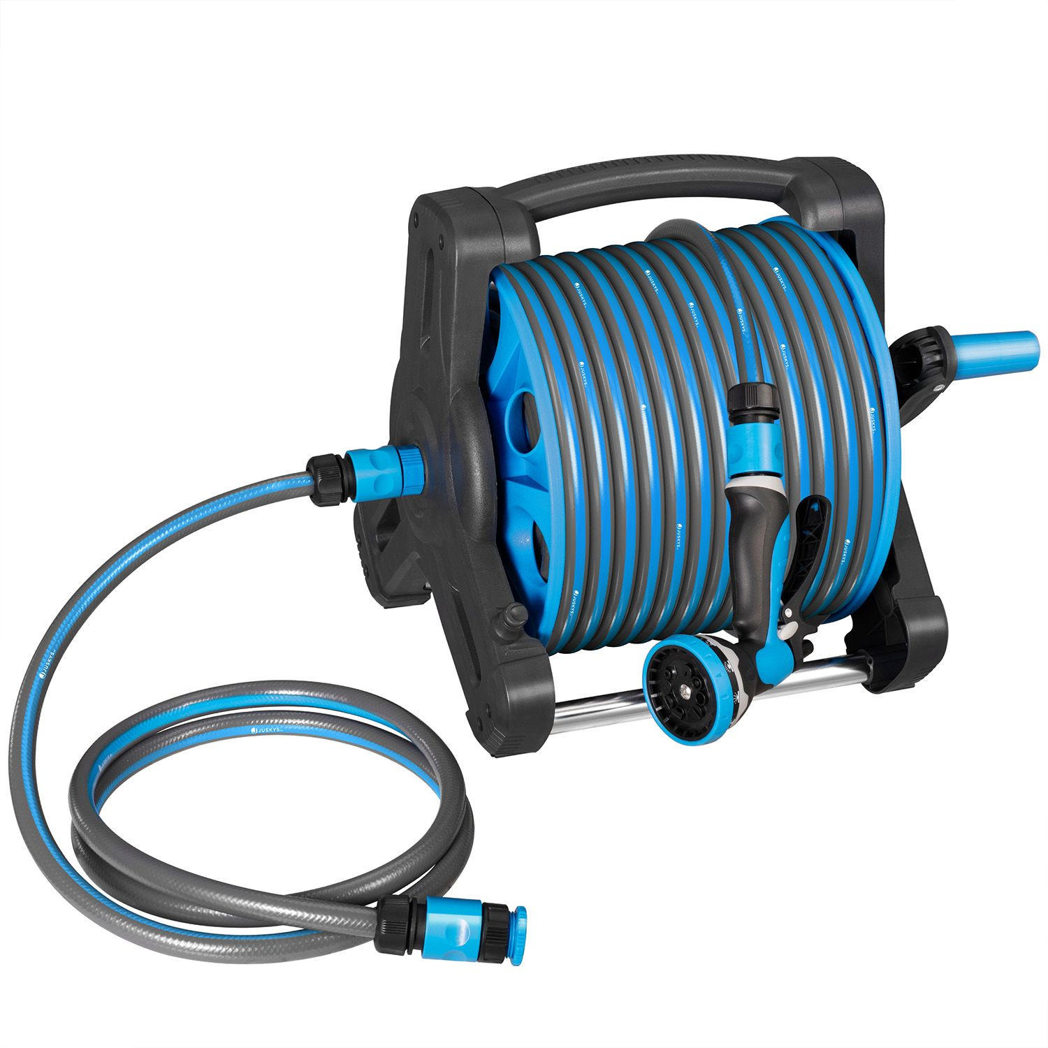 SCHLAUCHTROMMEL Basic blau / dunkelgrau Wasserschlauch & Multifunktionshandbrause - Blau, Kunststoff (3000cm) - Juskys