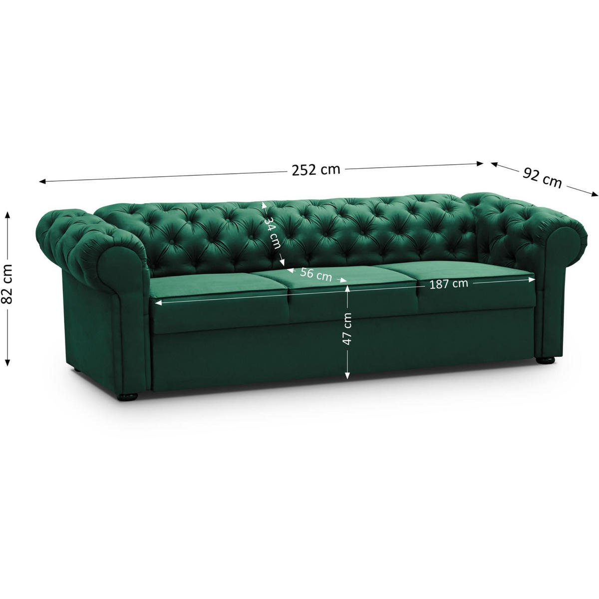 SCHLAFSOFA Chester 3-Sitzer, im Chesterfield-Stil, Dunkelgrün - Wengefarben/Dunkelgrün, Textil (252/82/92cm) - Beautysofa