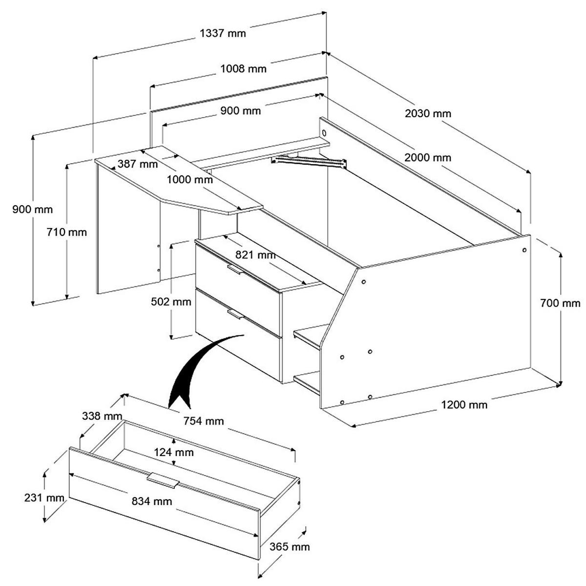 KINDERZIMMER weiß, grau, Komplett-Set 4-teilig mit viel Stauraum - Silberfarben/Weiß, Holzwerkstoff/Kunststoff (135/185/203cm) - Parisot Meuble