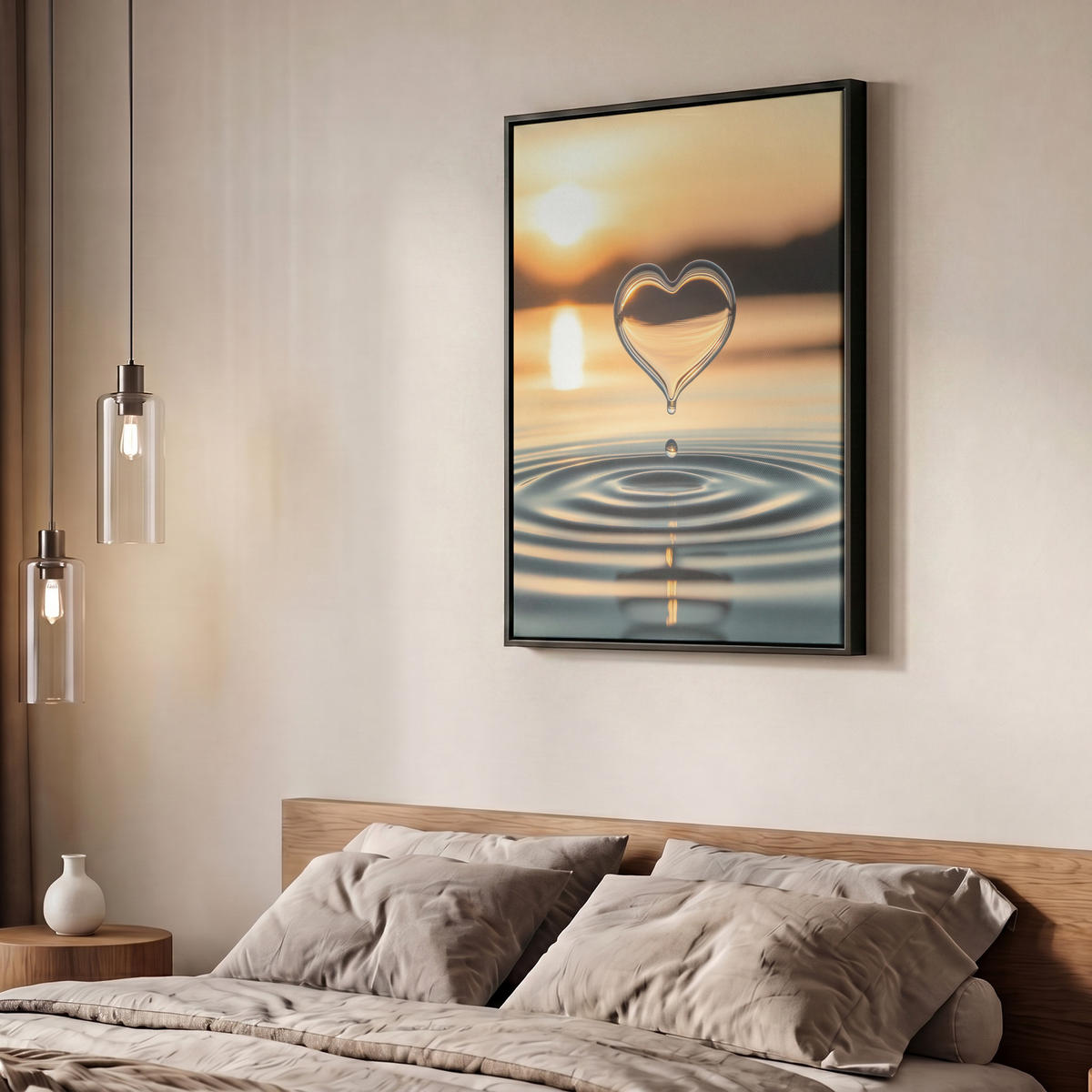 LEINWAND Bilder mit Rahmen - Herz - Wasser - Sonnenuntergang - Natur - Zen - 50x70 - Bernsteinfarben, Textil (50/70cm) - MuchoWow