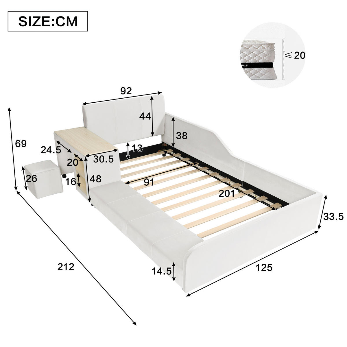 KINDERBETT 90/200 cm in Weiß Samt mit Schreibtisch, Hocker und Ablageboden - Weiß, Holzwerkstoff/Textil (90/200cm) - WISHDOR